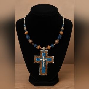 Blue and Brown Cross Pendant Necklace